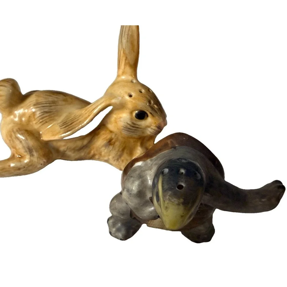 Vintage Japan Rabbit Turtle Salt Pepper Shakers Ceramic Figurines Cork Stoppers